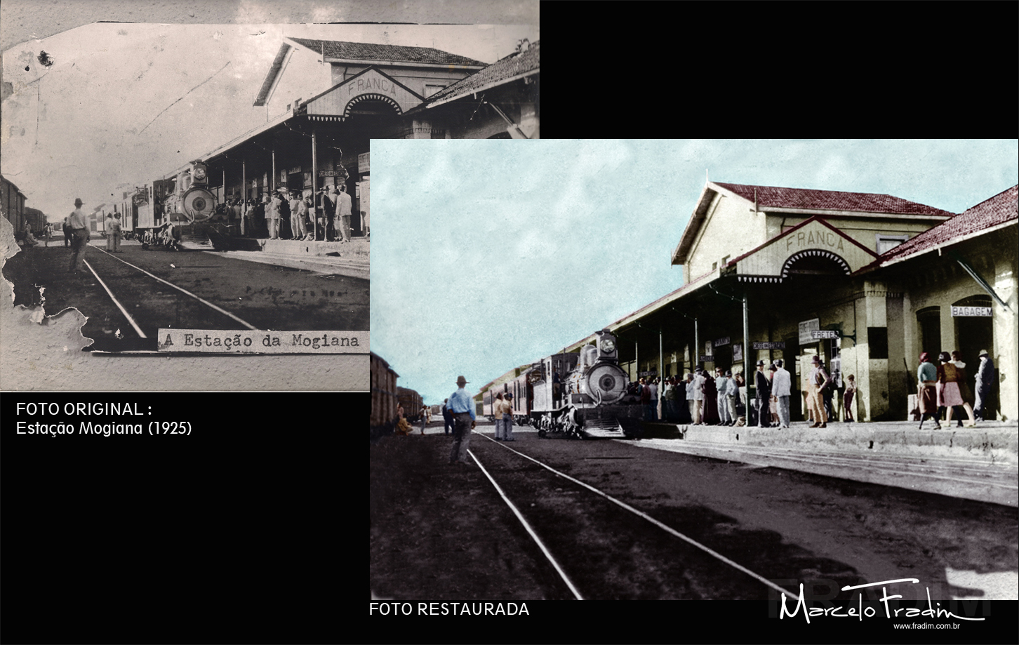 Estação Mogiana de Franca em 1925, em comparativo entre fotografia histórica e versão restaurada e colorizada por Marcelo Fradim.
