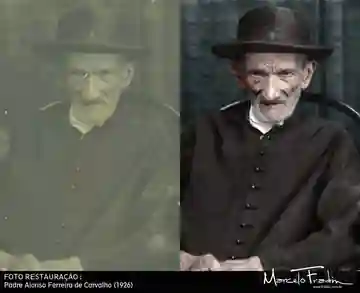 Comparativo do retrato de Padre Alonso em 1926, antes e depois da restauração e colorização de Marcelo Fradim.